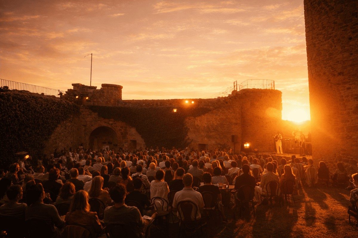 Concierto al atardecer en el castillo, con público y escenario iluminado