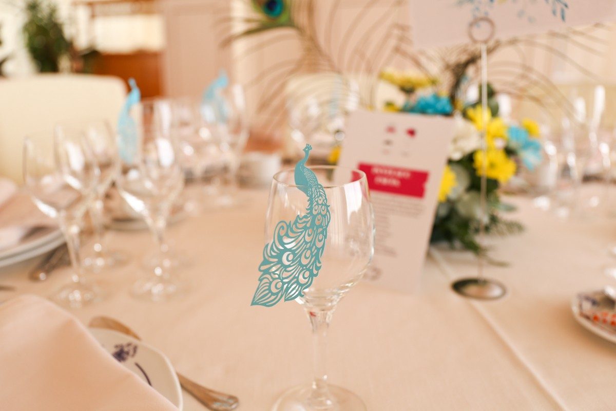 Boda real en la finca con decoración de pavo real