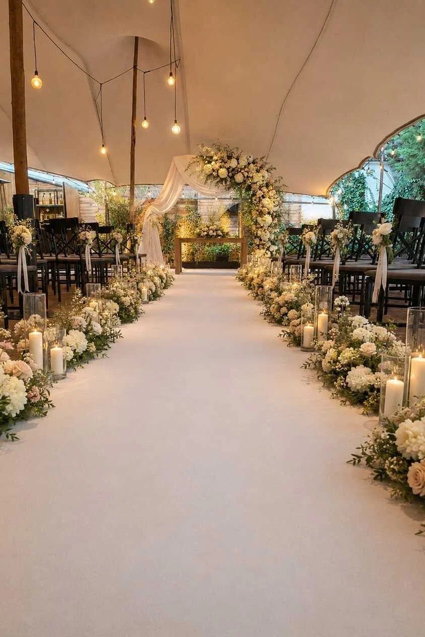 Camino al altar con flores para la ceremonia