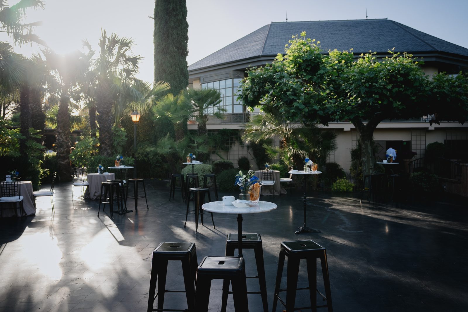 La terraza del cóctel, con las palmeras y la cúpula detrás.
