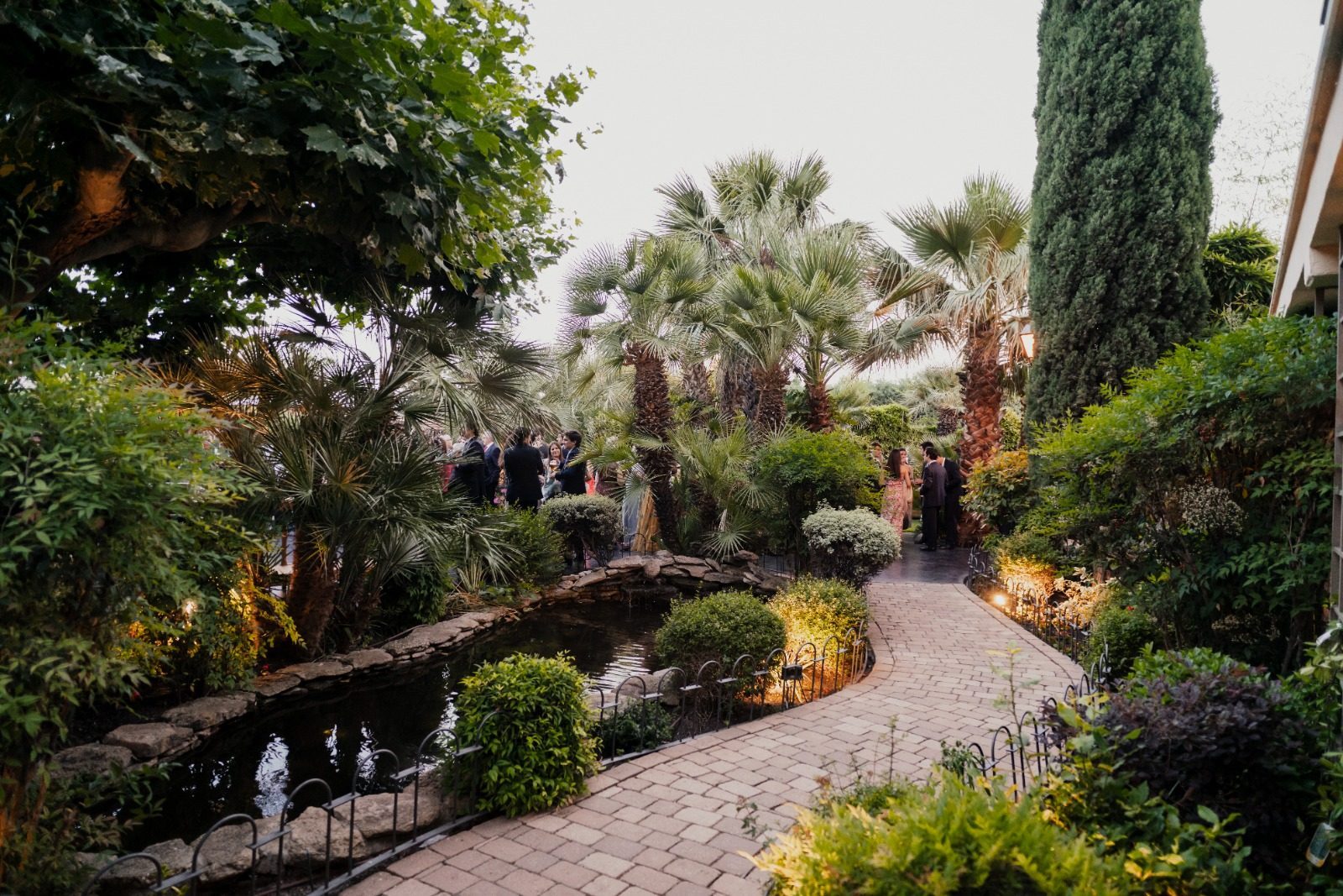 El jardín al anochecer: camino de adoquín y estanque.
