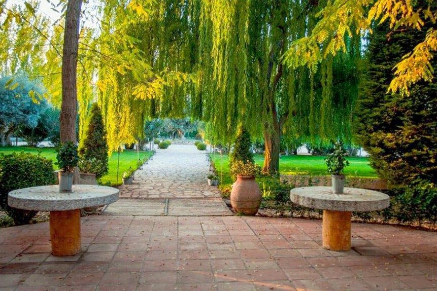 La entrada: pradera de césped con el sauce donde se celebra la ceremonia